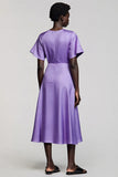 Satin Purple A Line Midi Wedding Guest Dress with Flutter Sleeves