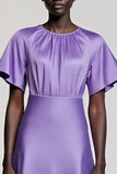 Satin Purple A Line Midi Wedding Guest Dress with Flutter Sleeves