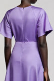 Satin Purple A Line Midi Wedding Guest Dress with Flutter Sleeves
