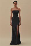 Black Strapless Mermaid Ruched Formal Dress With Slit