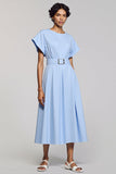 Sky Blue A Line Short Sleeve Midi Wedding Guest Dress