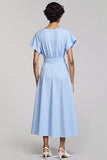 Sky Blue A Line Short Sleeve Midi Wedding Guest Dress
