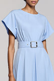 Sky Blue A Line Short Sleeve Midi Wedding Guest Dress
