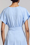 Sky Blue A Line Short Sleeve Midi Wedding Guest Dress