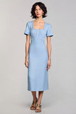 Sky Blue Sheath Square Neck Midi Wedding Guest Dress