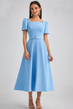 A Line Sky Blue Square Neck Midi Wedding Guest Dress with Belt