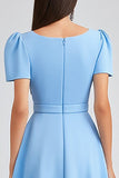 A Line Sky Blue Square Neck Midi Wedding Guest Dress with Belt