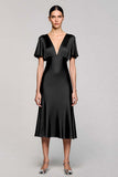 Grey A Line Satin Midi Wedding Guest Dress with Flutter Sleeve