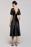 Grey A Line Satin Midi Wedding Guest Dress with Flutter Sleeve