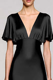 Grey A Line Satin Midi Wedding Guest Dress with Flutter Sleeve