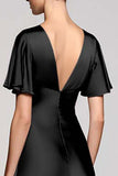 Grey A Line Satin Midi Wedding Guest Dress with Flutter Sleeve