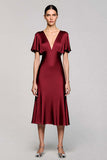 Grey A Line Satin Midi Wedding Guest Dress with Flutter Sleeve