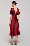 Grey A Line Satin Midi Wedding Guest Dress with Flutter Sleeve