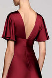 Grey A Line Satin Midi Wedding Guest Dress with Flutter Sleeve