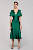 Grey A Line Satin Midi Wedding Guest Dress with Flutter Sleeve