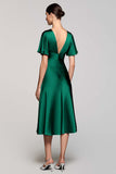 Grey A Line Satin Midi Wedding Guest Dress with Flutter Sleeve