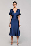Grey A Line Satin Midi Wedding Guest Dress with Flutter Sleeve