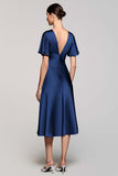 Grey A Line Satin Midi Wedding Guest Dress with Flutter Sleeve