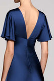 Grey A Line Satin Midi Wedding Guest Dress with Flutter Sleeve