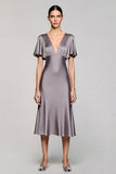 Grey A Line Satin Formal Dress with Flutter Sleeves