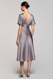 Grey A Line Satin Midi Wedding Guest Dress with Flutter Sleeve