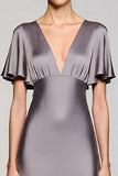Grey A Line Satin Midi Wedding Guest Dress with Flutter Sleeve