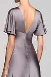 Grey A Line Satin Midi Wedding Guest Dress with Flutter Sleeve
