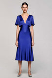 Grey A Line Satin Midi Wedding Guest Dress with Flutter Sleeve