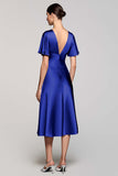 Grey A Line Satin Midi Wedding Guest Dress with Flutter Sleeve
