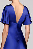 Grey A Line Satin Midi Wedding Guest Dress with Flutter Sleeve