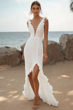 Ivory V Neck Asymmetrical Boho Wedding Dress