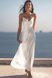 Glitter Ivory A Line Spaghetti Straps Long Engagement Dress