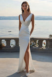 Ivory Sheath V Neck Engagement Dress with Slit