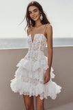 Tiered Ivory A Line Lace Graduation Dress with Ruffles
