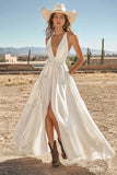 Ivory A Line Satin Long Engagement Dress with Slit