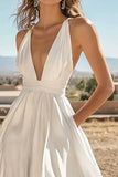 Ivory A Line Satin Long Engagement Dress with Slit