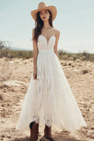Strapless Lace A Line Ivory Boho Wedding Dress