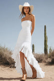 Strapless A Line Ruffled Ivory High Low Wedding Dress