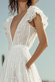 Ivory V Neck A Line Asymmetrical Lace Wedding Dress With Ruffles