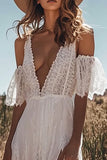 Cold Shoulder A Line Ivory Wedding Dress With Slit
