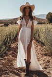 V Neck A Line Ivory Lace Wedding Dress With Slit