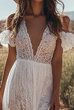 V Neck A Line Ivory Lace Wedding Dress With Slit