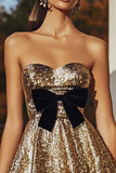 Sparkly Strapless A Line Gold Homecoming Dress with Bow