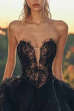 Black A Line High-Low Sweetheart Lace Hocoming Dress with Ruffles