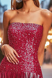 Sparkly Strapless Fuchsia Fringed Cocktail Dress