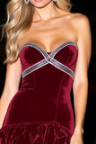 Strapless Burgundy Velvet Ruffled Homecoming Dress