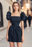 Navy Puff Sleeve A Line Cocktail Dress