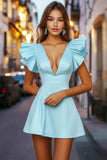 Sky Blue A Line Mini Ruffled Cocktail Dress