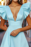 Sky Blue A Line Mini Ruffled Cocktail Dress