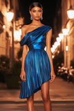 Metallic Pleated Dark Blue One Shoulder Cocktail Dress